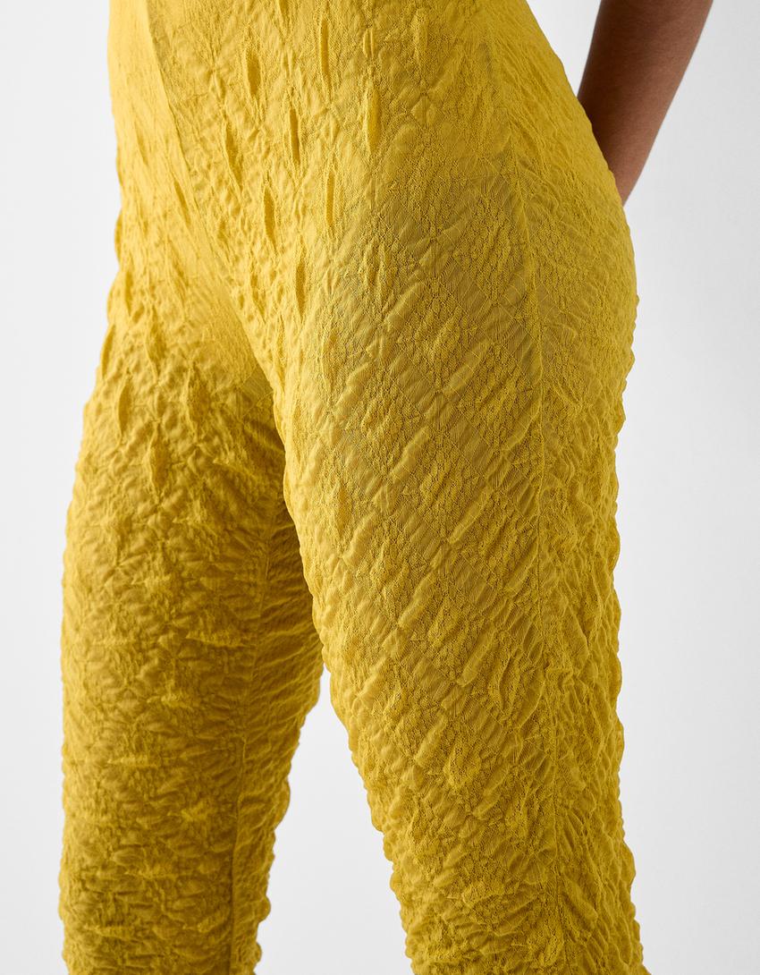 Calças flare jacquard efeito de waffle-Verde limão-5