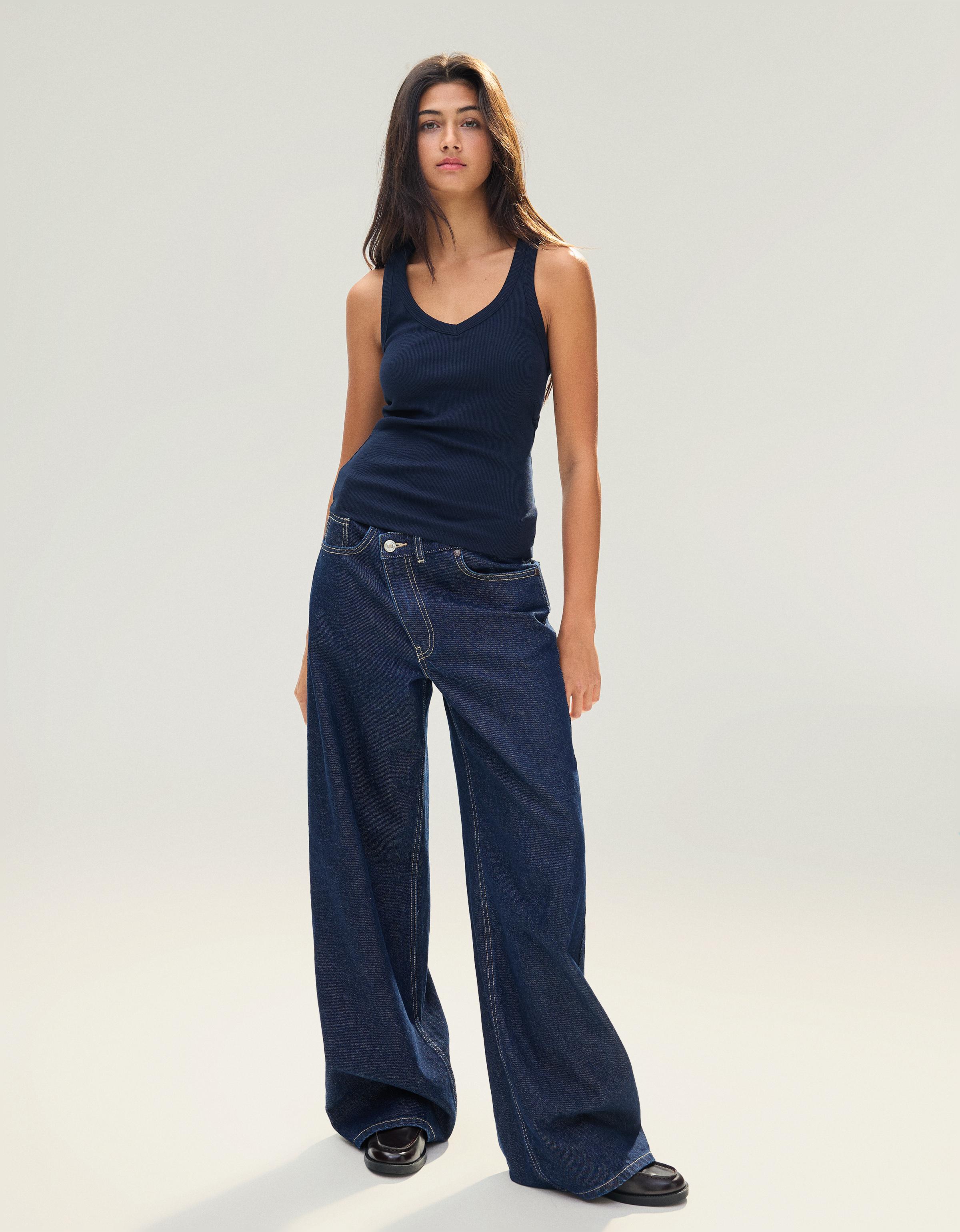 Bershka Geripptes Basic-Trägershirt Damen Xl Marinenblau