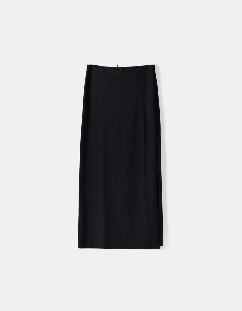 Пола с дължина под коляното и връзка-Черно-5