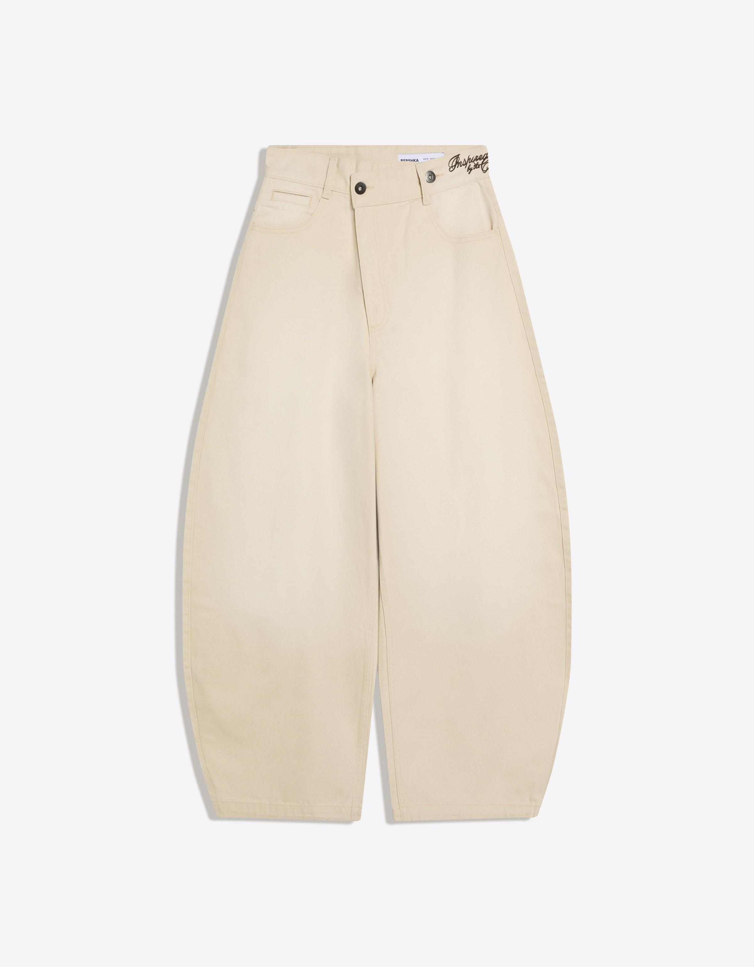 Embroidered crossover barrel trousers — Sand