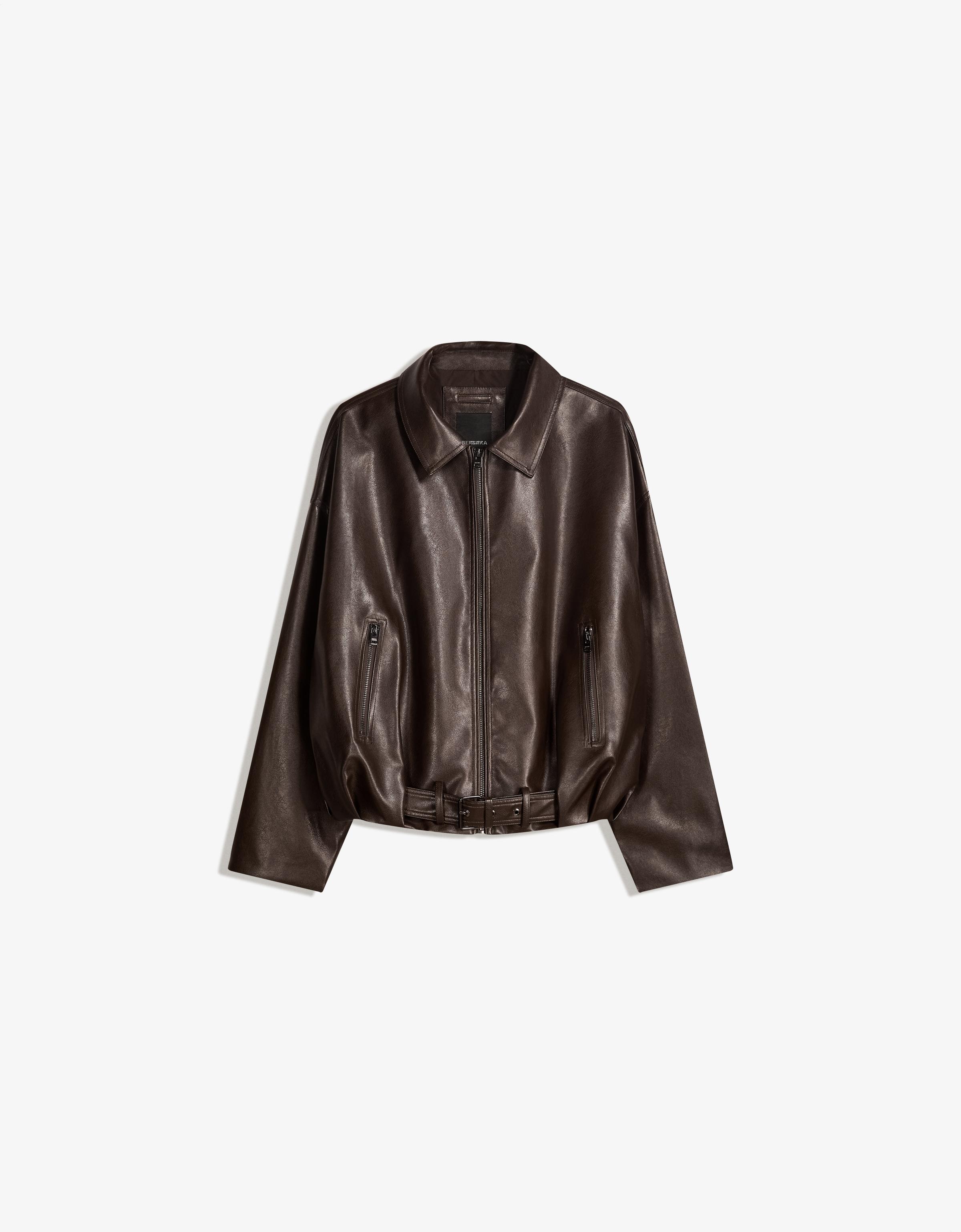 Leather effect bomber jacket with belt - Brown
