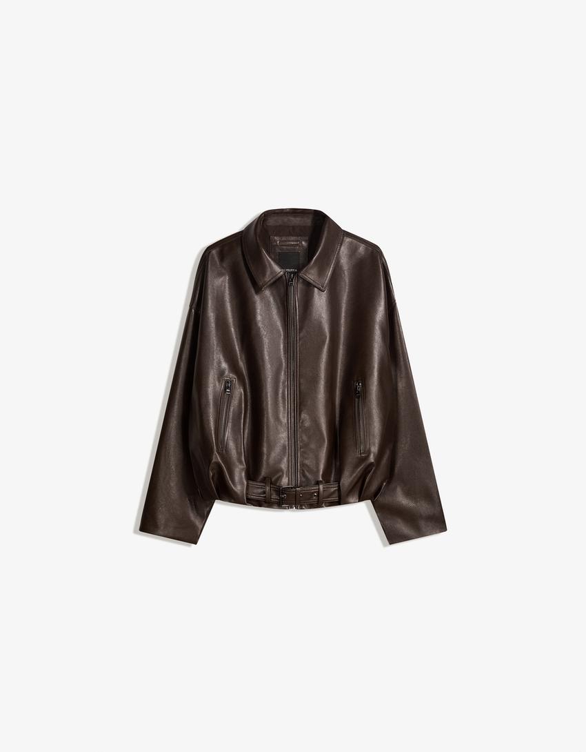 Faux leather bomber jacket with belt-Brown-3