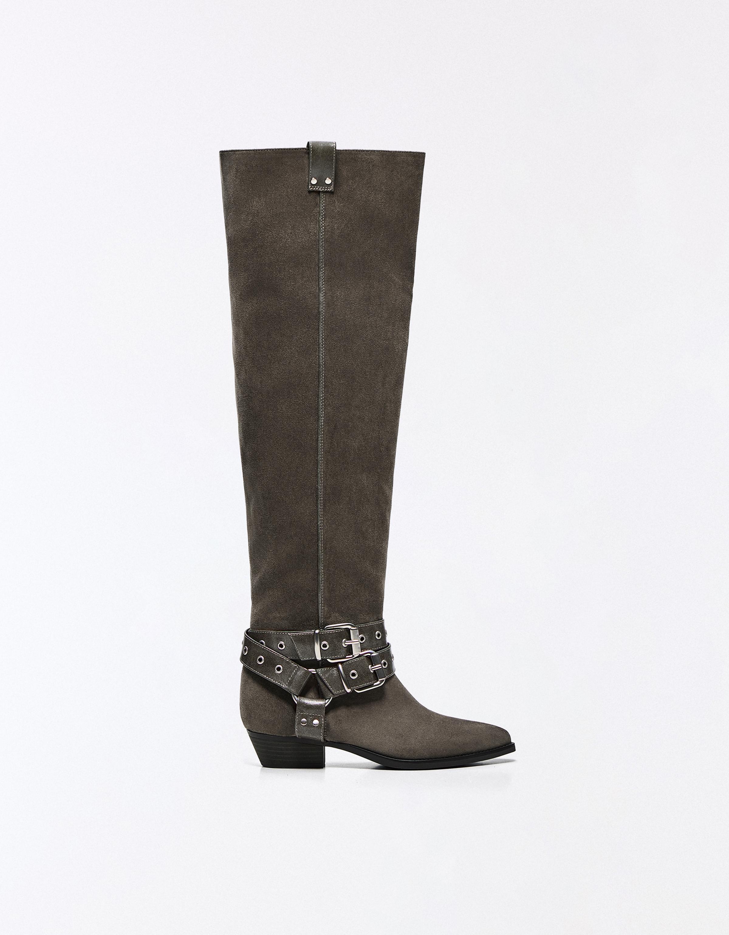 FLAT SLOUCHY BIKER BOOTS — Grey