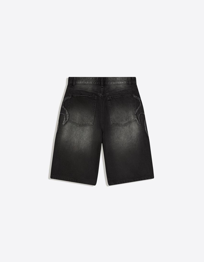 Yamalı baggy fit bermuda-Siyah