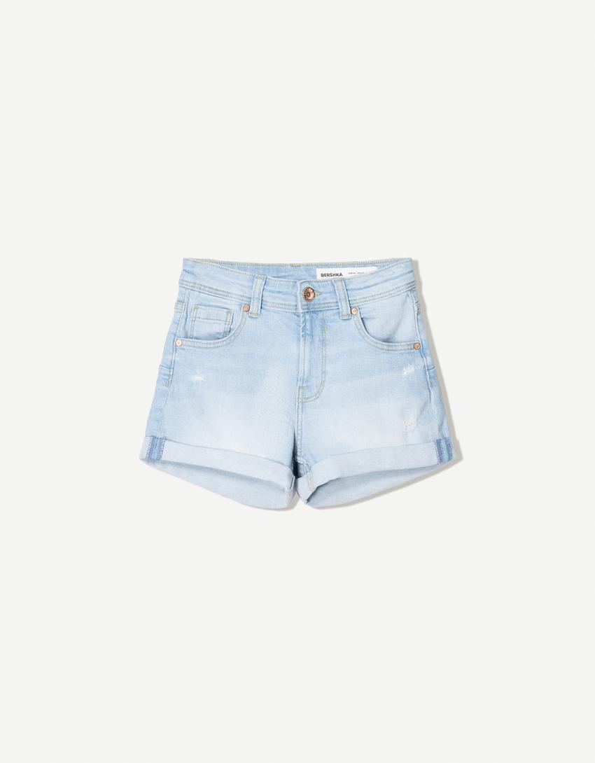 Roll-up denim shorts-Light blue