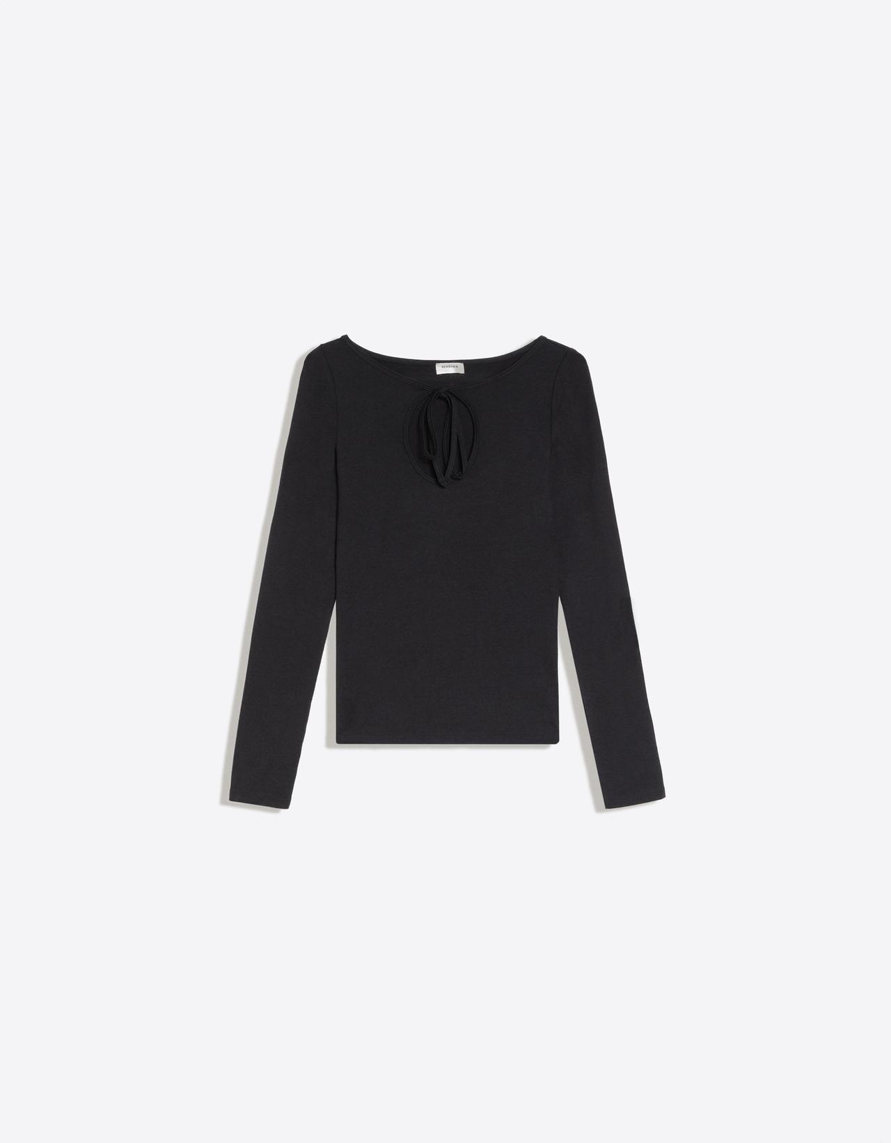 Long sleeve T-shirt with tie-fastening neckline — Black