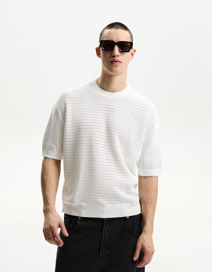 Short sleeve textured weave T-shirt-White