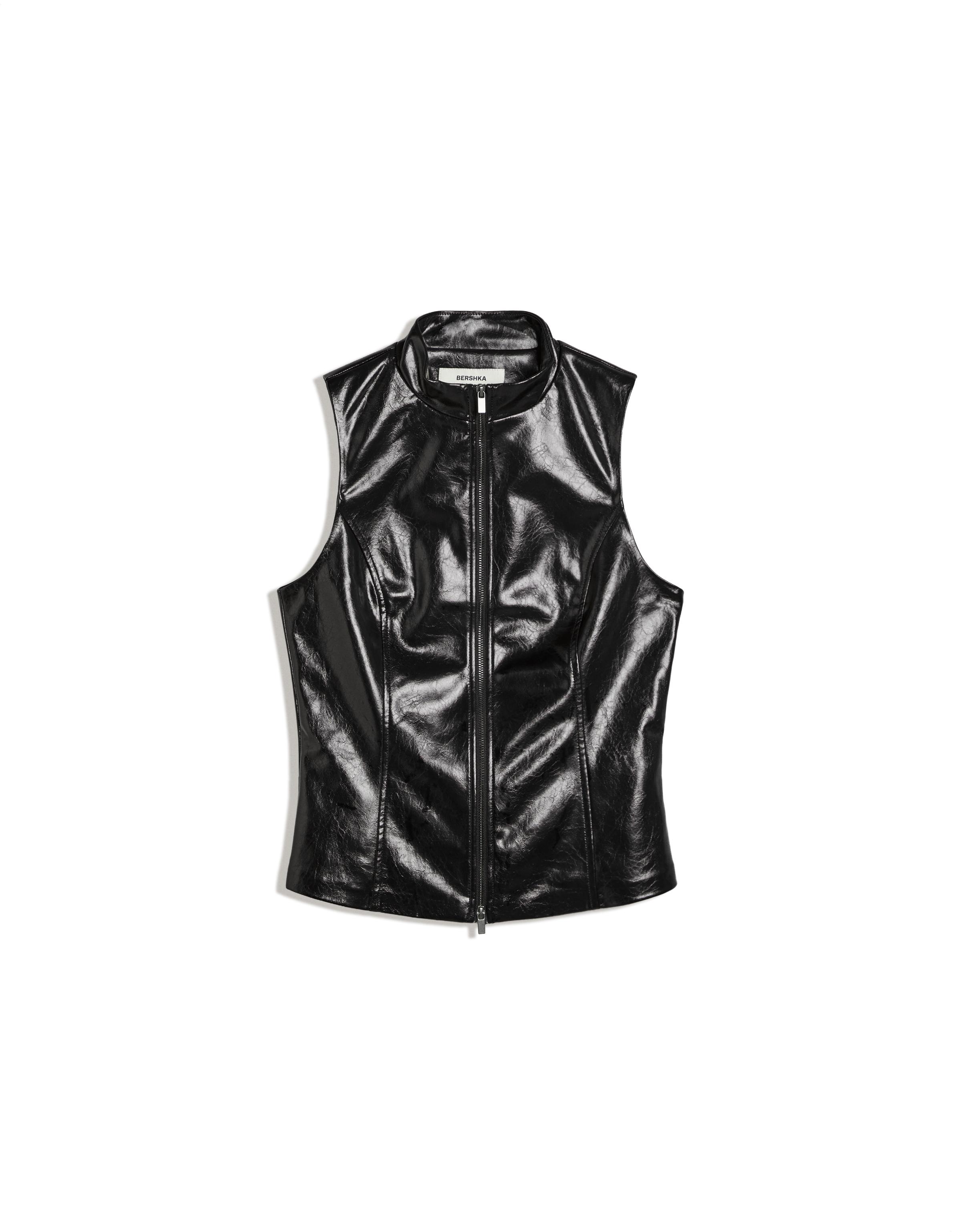 Leather-effect sleeveless high-neck top — Black