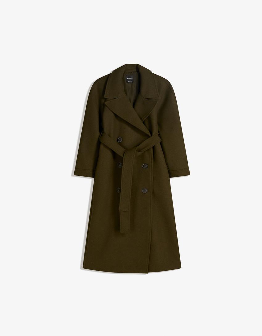 Oversize-Mantel mit Wollanteil und Gürtel-Khaki