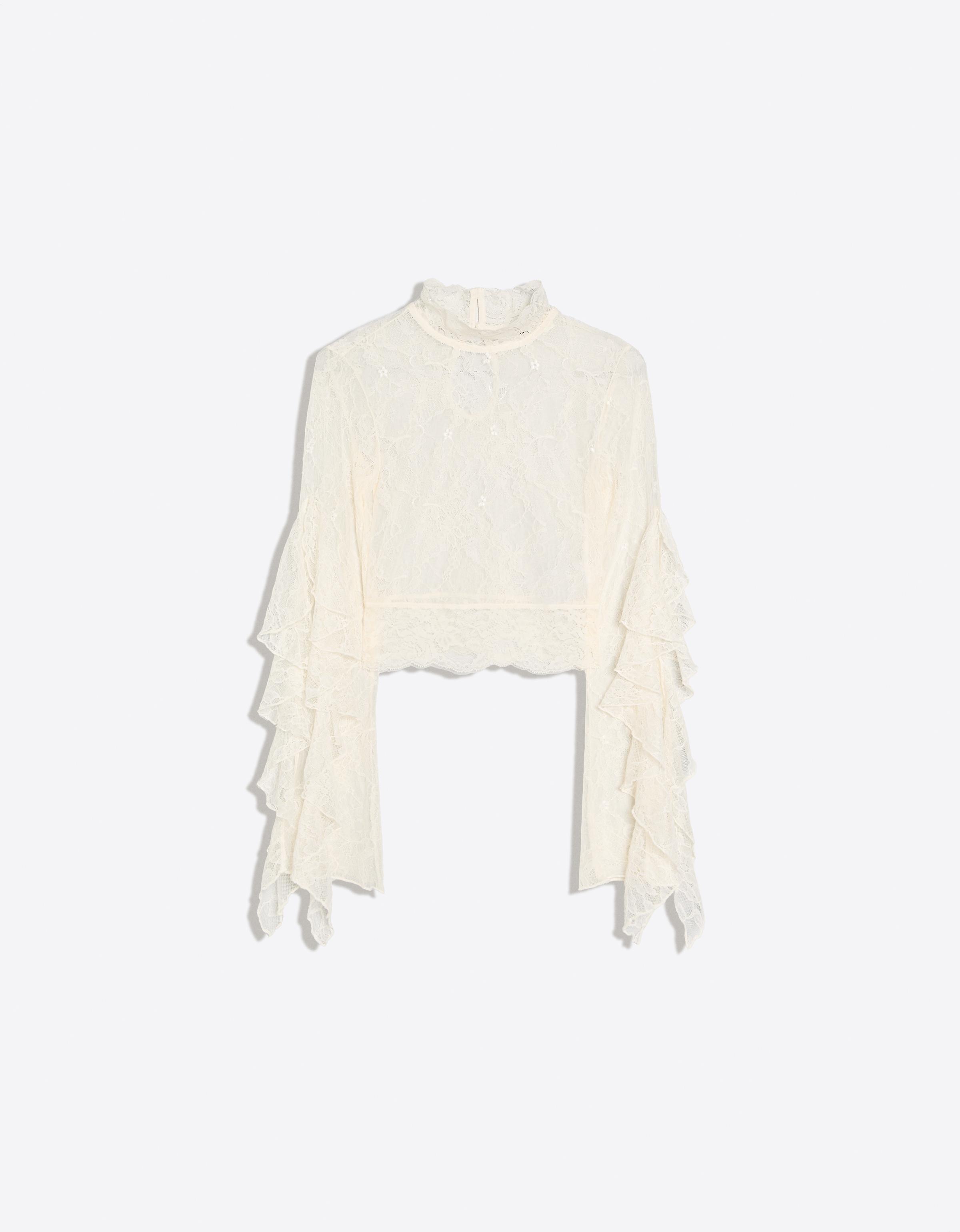 High-neck lace T-shirt with frill sleeves — Cream