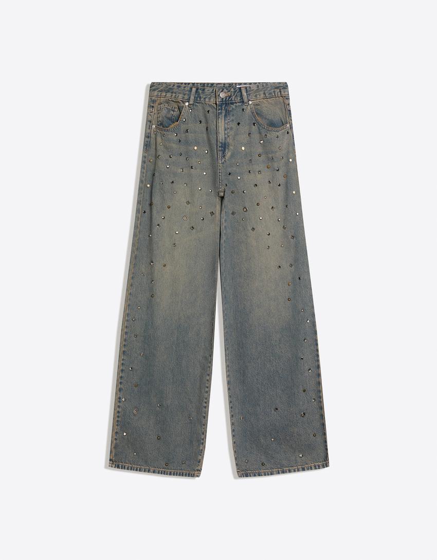 Jeans boyfriend taille basse à clous-Bleu lavé