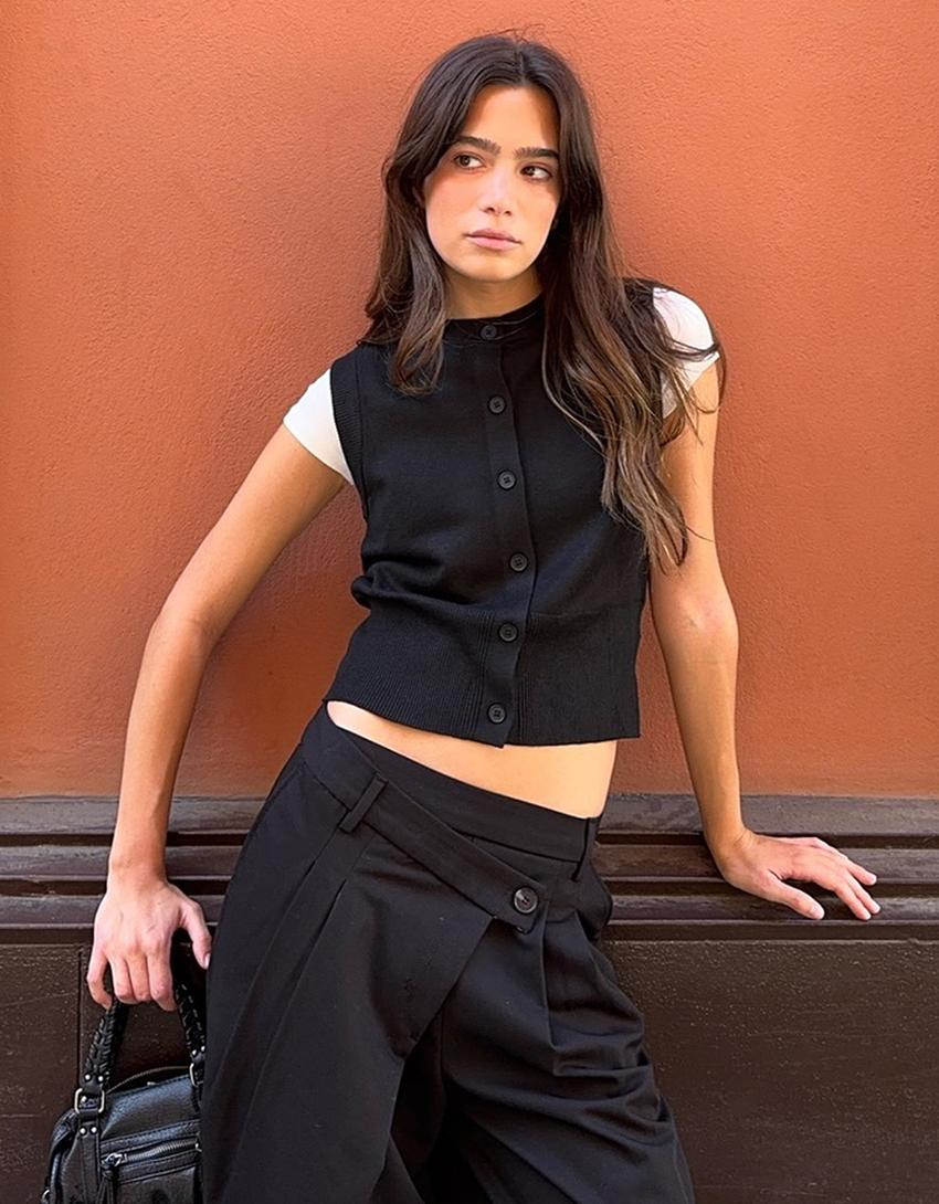 Tailored fit trousers with crossover waist-Black