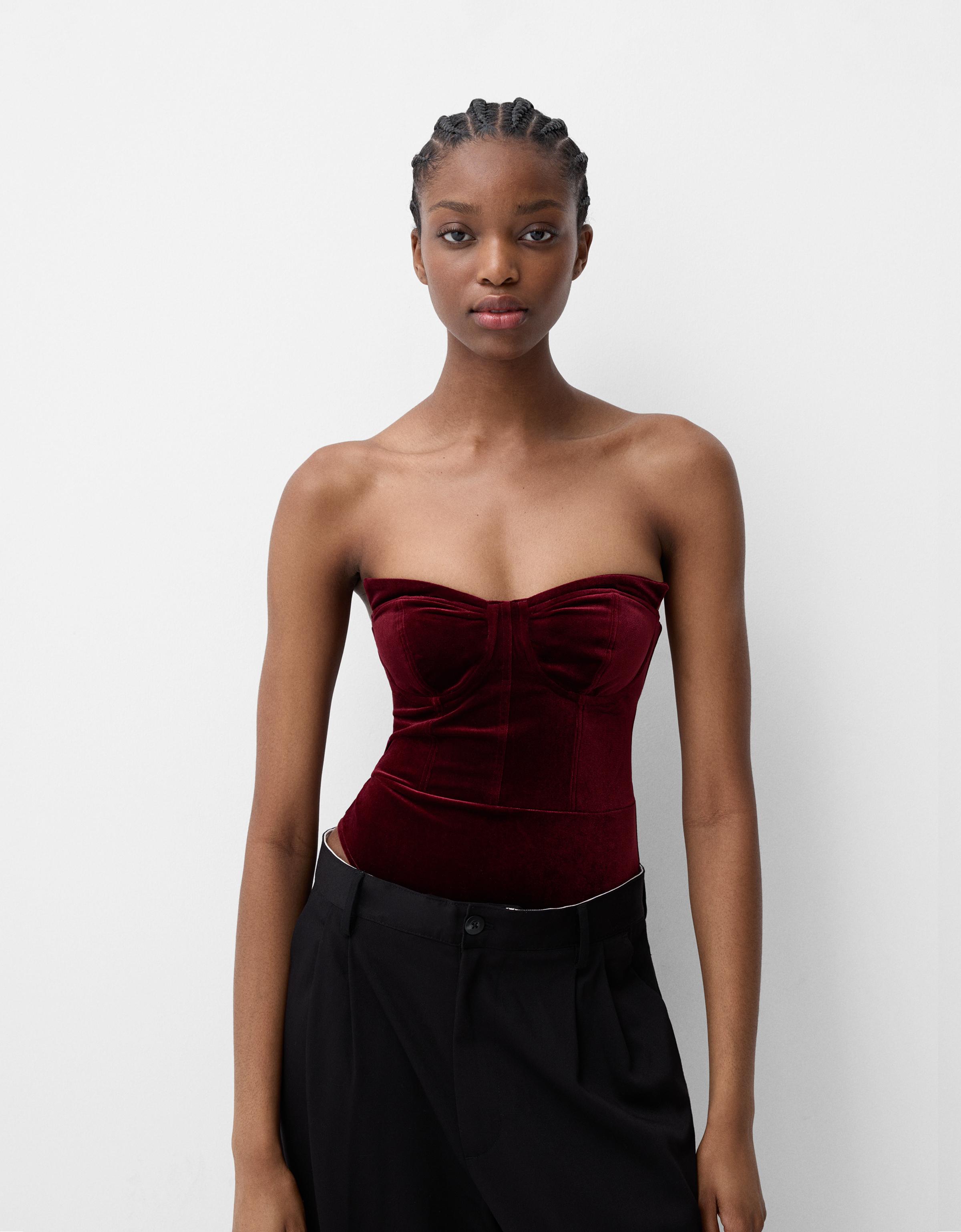 Bershka Velvet Bandeau-Body Damen M Bordeaux