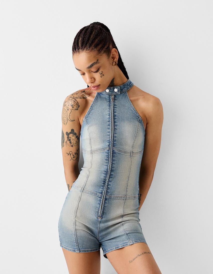 Macacão denim curto zip-Azul lavado-1