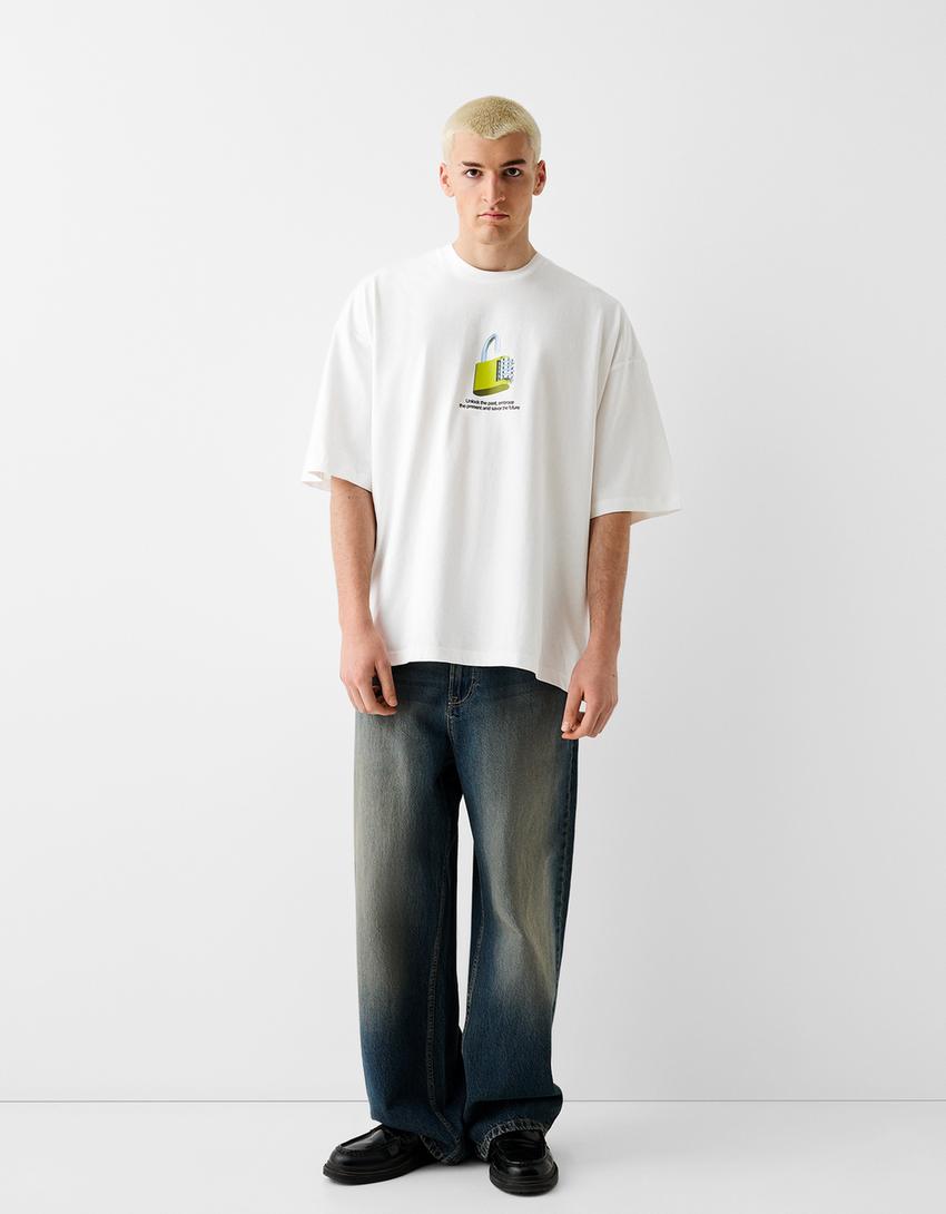 Щампована фланелка оувърсайз с къс ръкав-Бяло-3