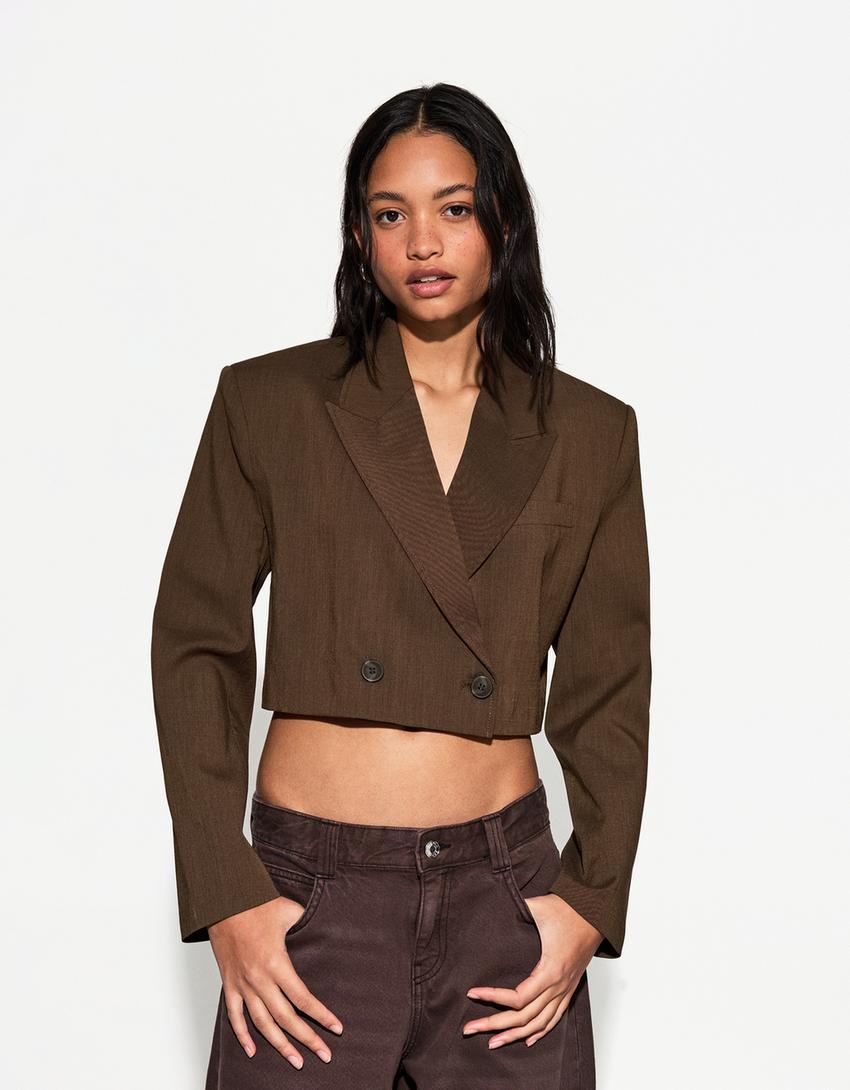 Double-breasted boxy fit blazer-Bruin