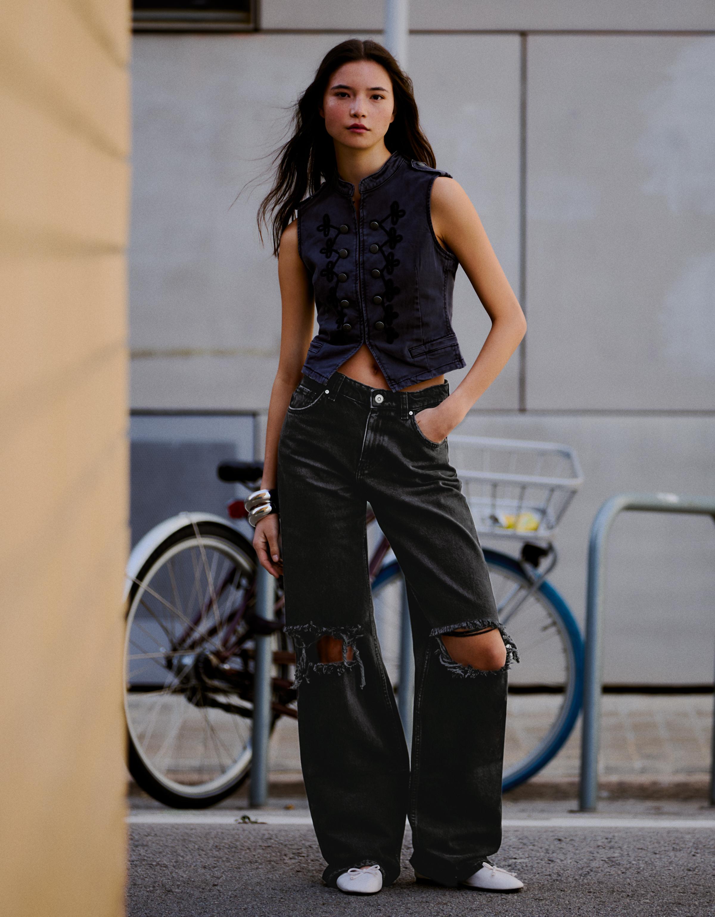 Bershka Jeans Wide Leg Tiro Alto Rotos Mujer Negro