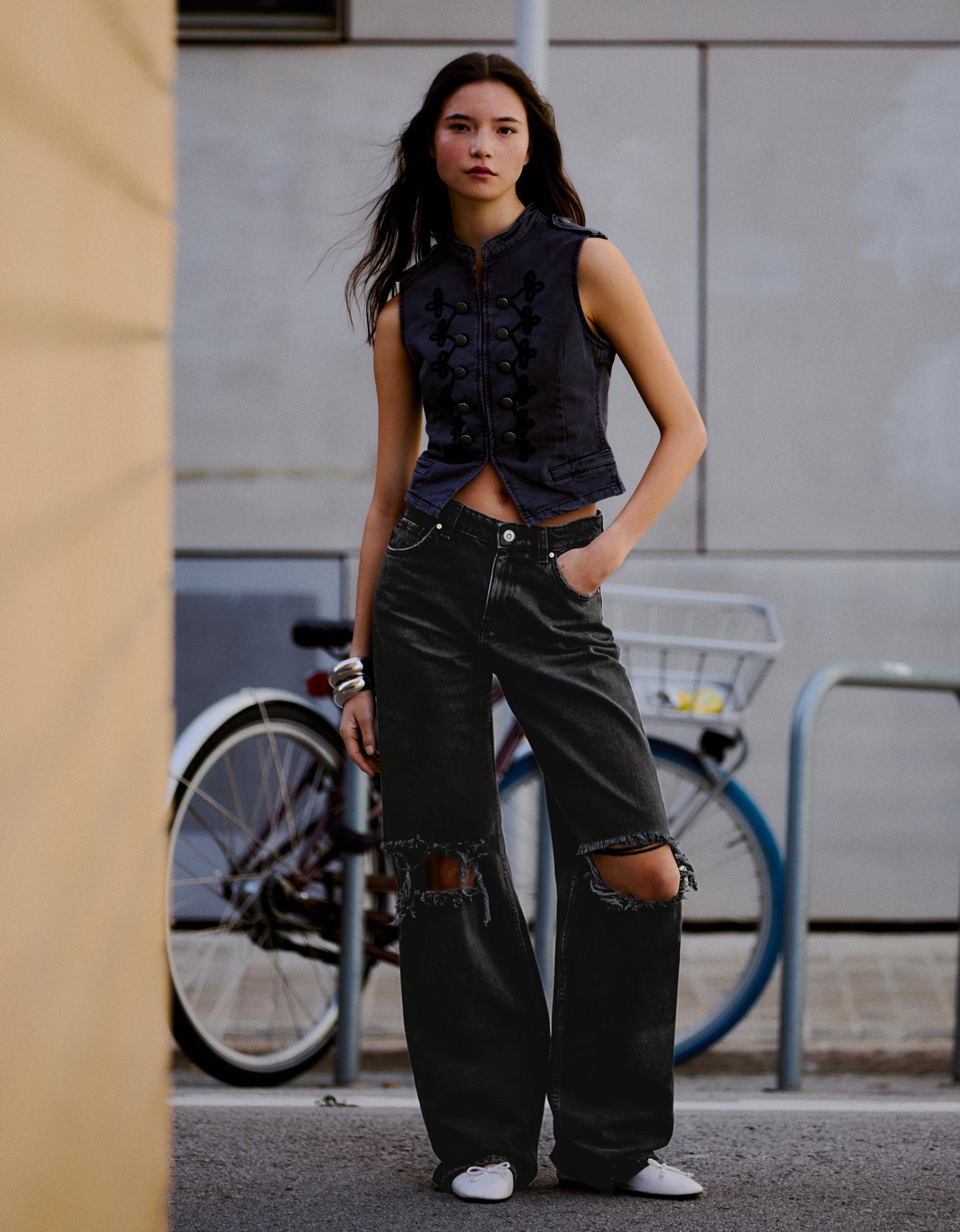 Bershka Jeans A Gamba Larga Strappati A Vita Alta Donna 42 (Eur 38) Nero