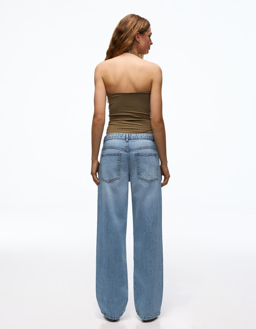 Jeans wide leg cintura cruzada-Azul lavado