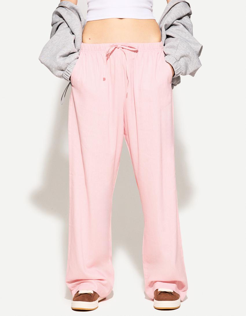 Linen blend trousers with an elasticated waistband-Pink