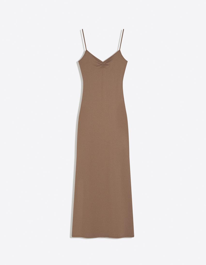 Strappy shirred midi dress - Women | Bershka Strappy shirred midi dress - Women | Bershka