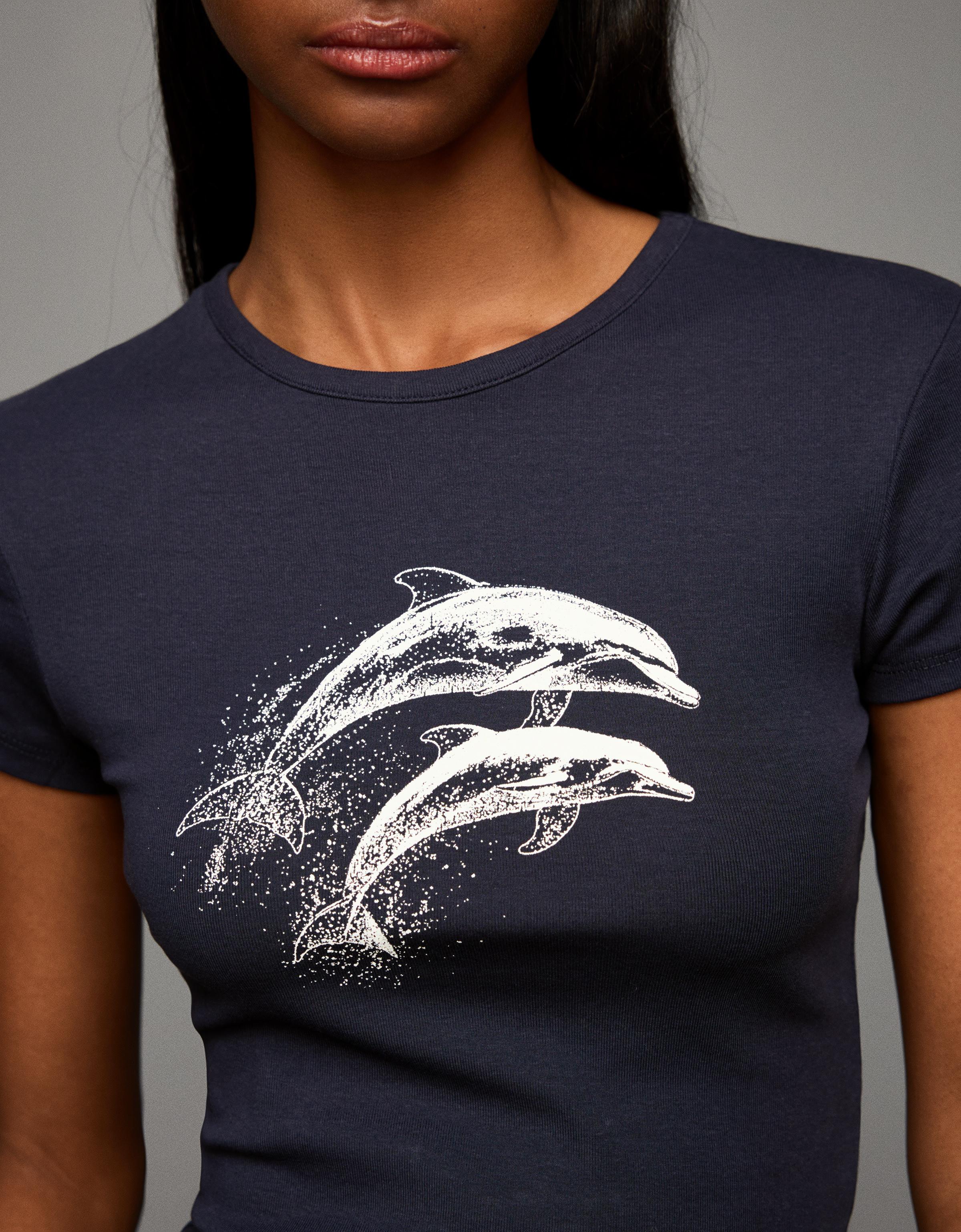 Bershka T-Shirt Mit Print Und Kurzen Ärmeln Damen M Dunkelblau