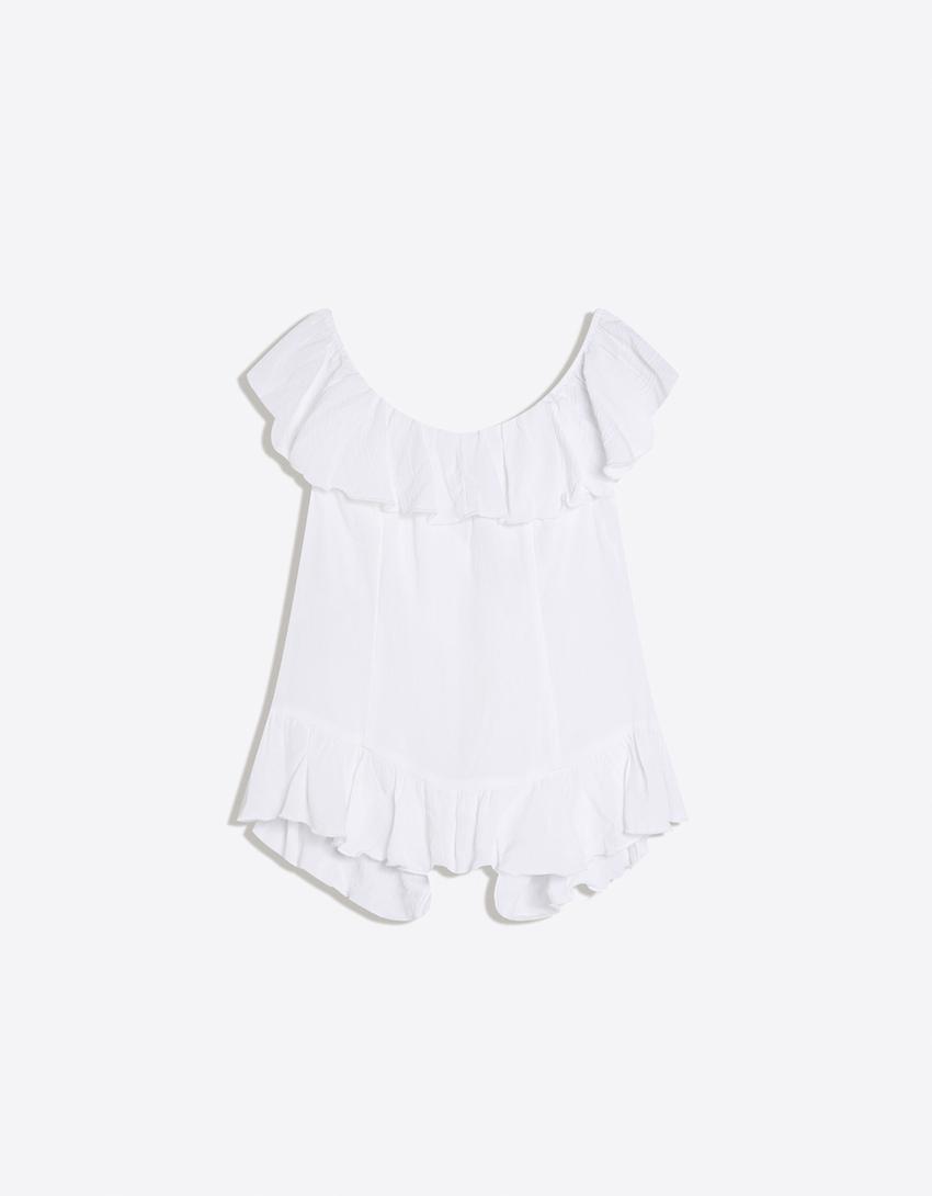 Bardot ruffled top-White