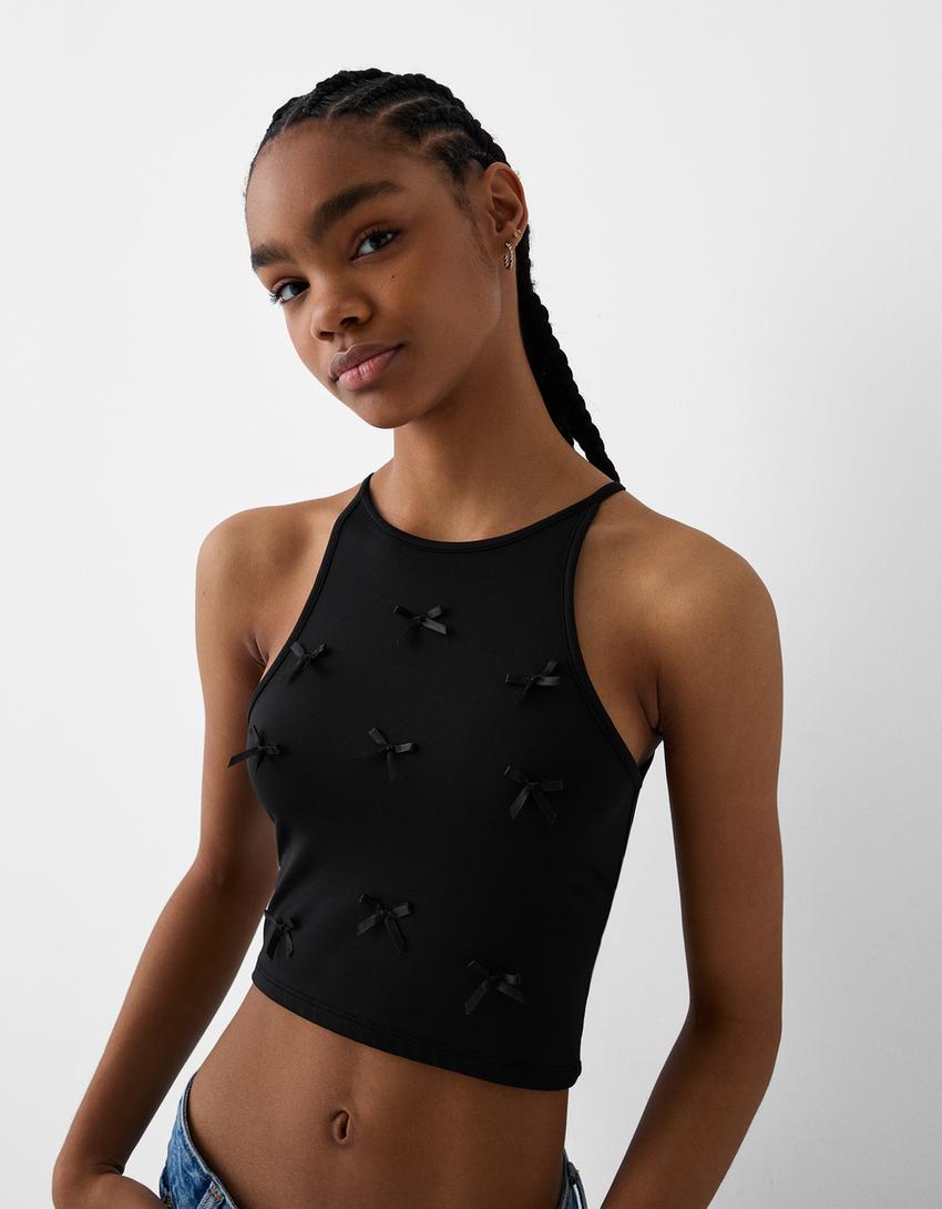 Fiyonklu halter yaka top-Siyah-2