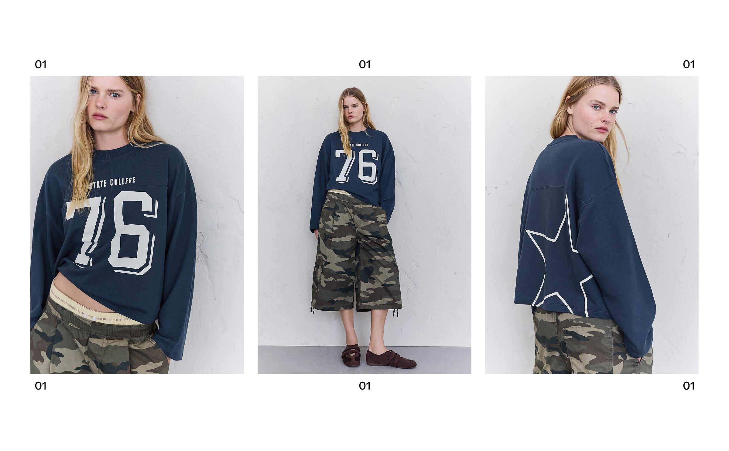Printed round neck sweatshirt — Navy