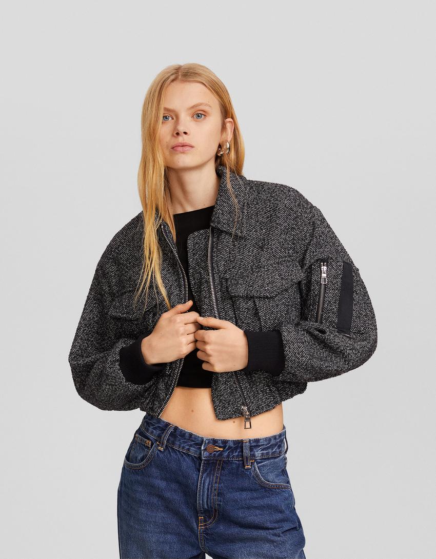 Textured weave wool blend trucker jacket-Dark grey-0