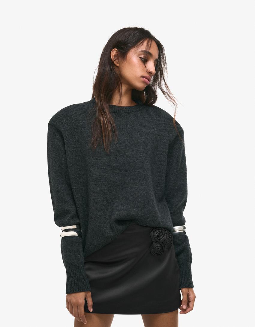Falda mini satén flor-Negro