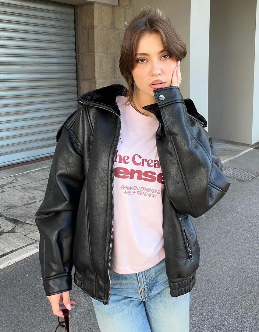 تيشرت بطبعة بقصة مربعة وأكمام طويلة-زهري