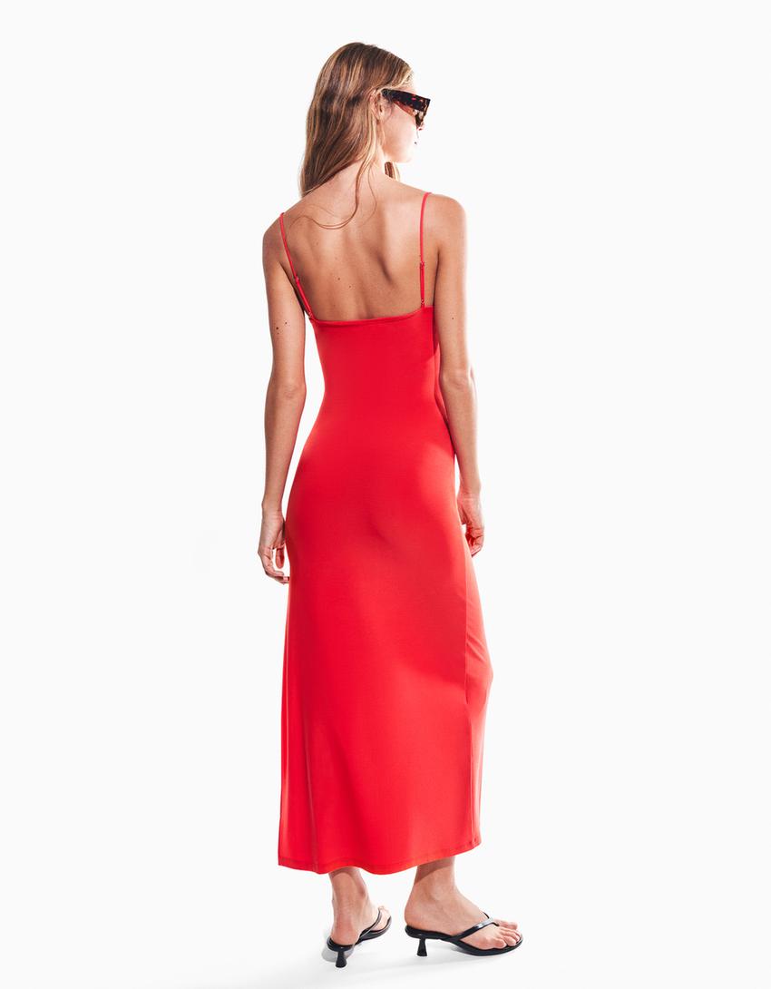 Midikleid mit gerafften Trägern-Korallfarbe