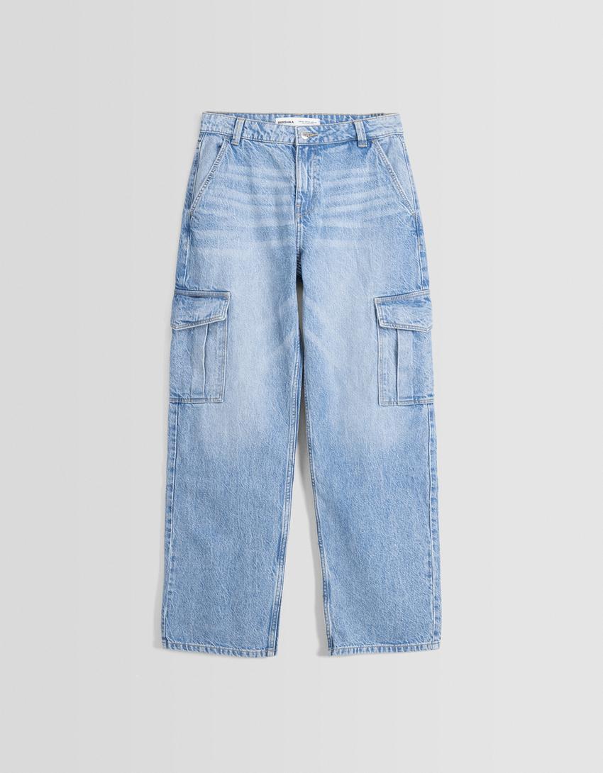 بنطال جينز كارغو بقصّة مستقيمة-أزرق فاتح-4