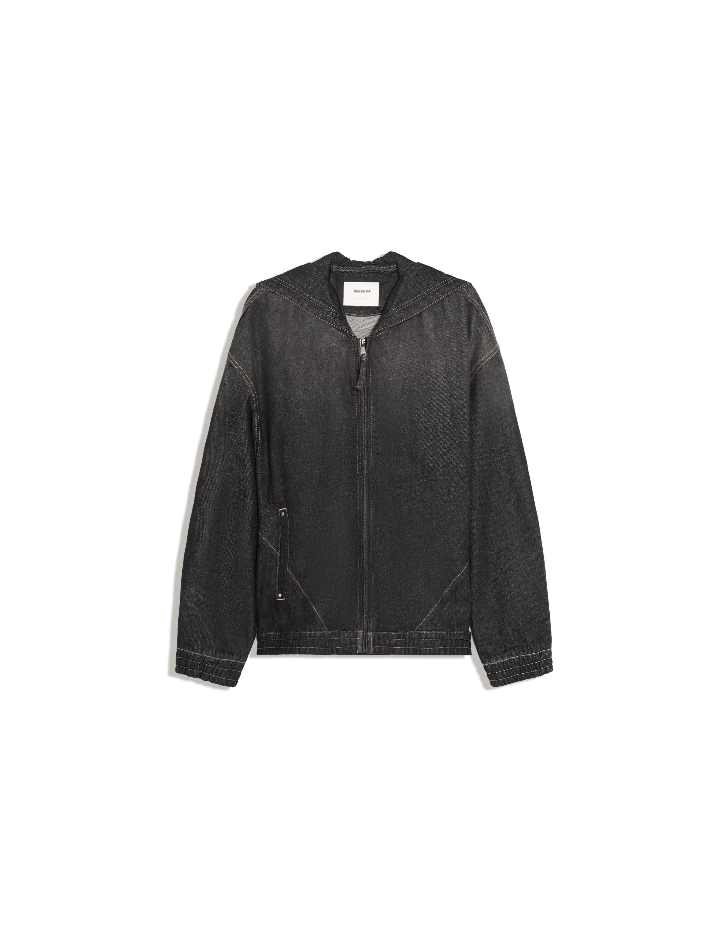 Denim jacket with hood and back embroidery — Black