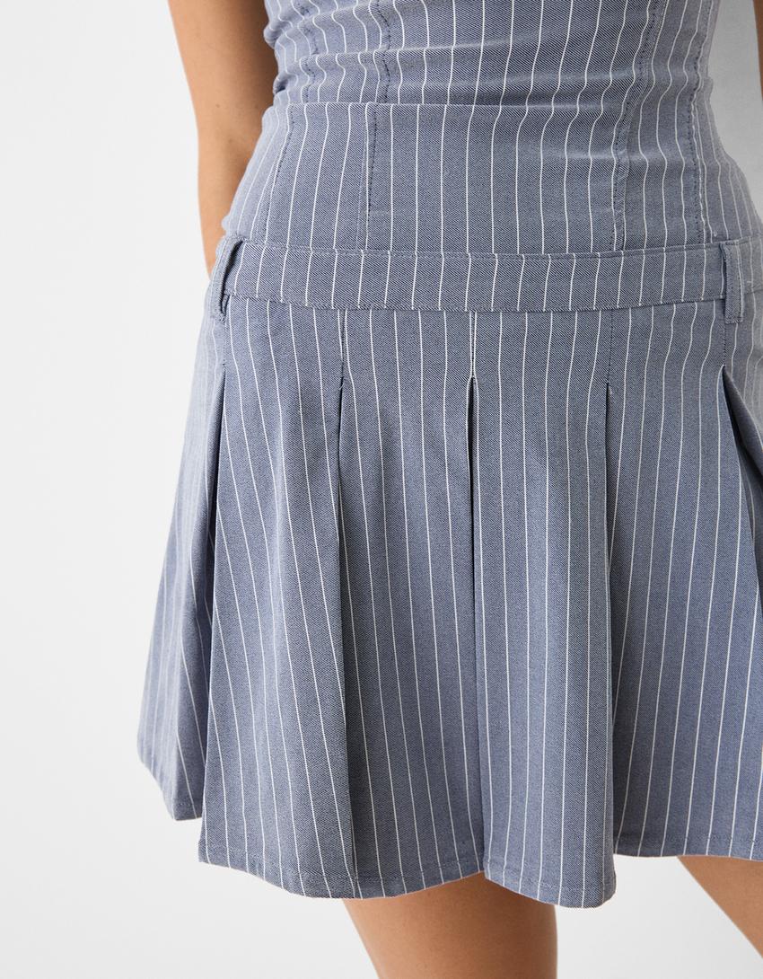 Short striped stretch box pleat dress-Blue