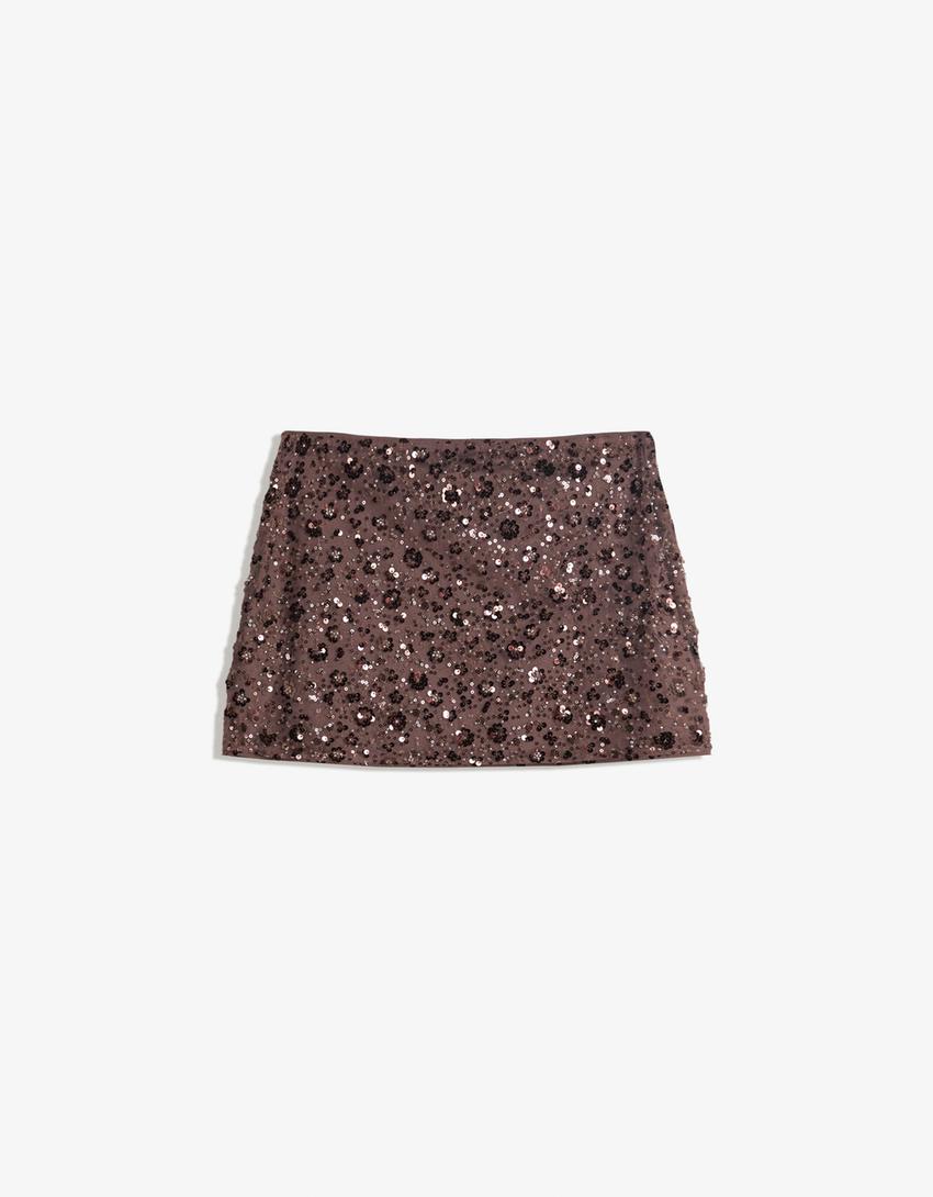 Sequinned mini skirt-Brown-4