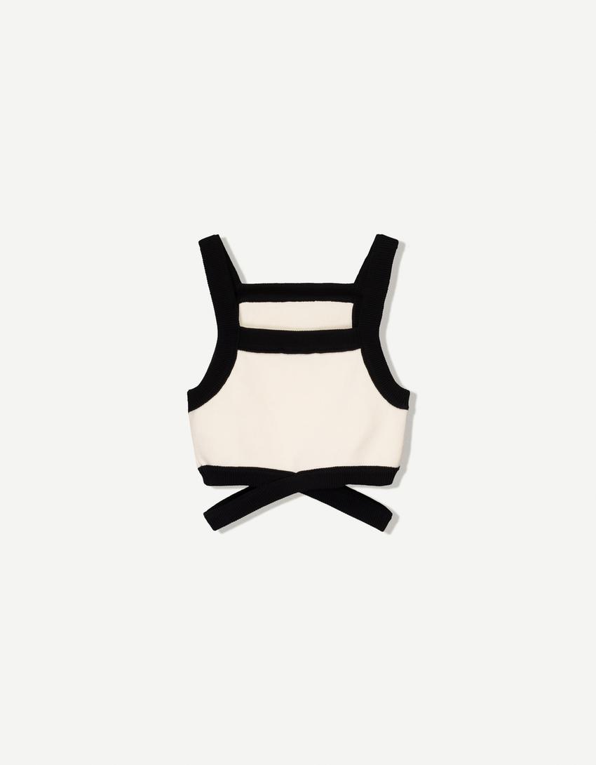 Strappy cut-out top with contrast straps-Cream-4