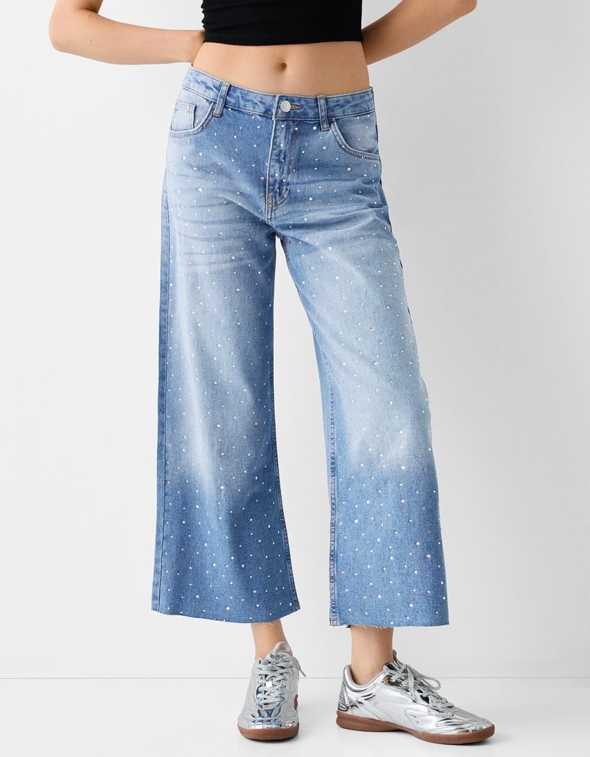 Culotte jeans with rhinestones-Light blue-1