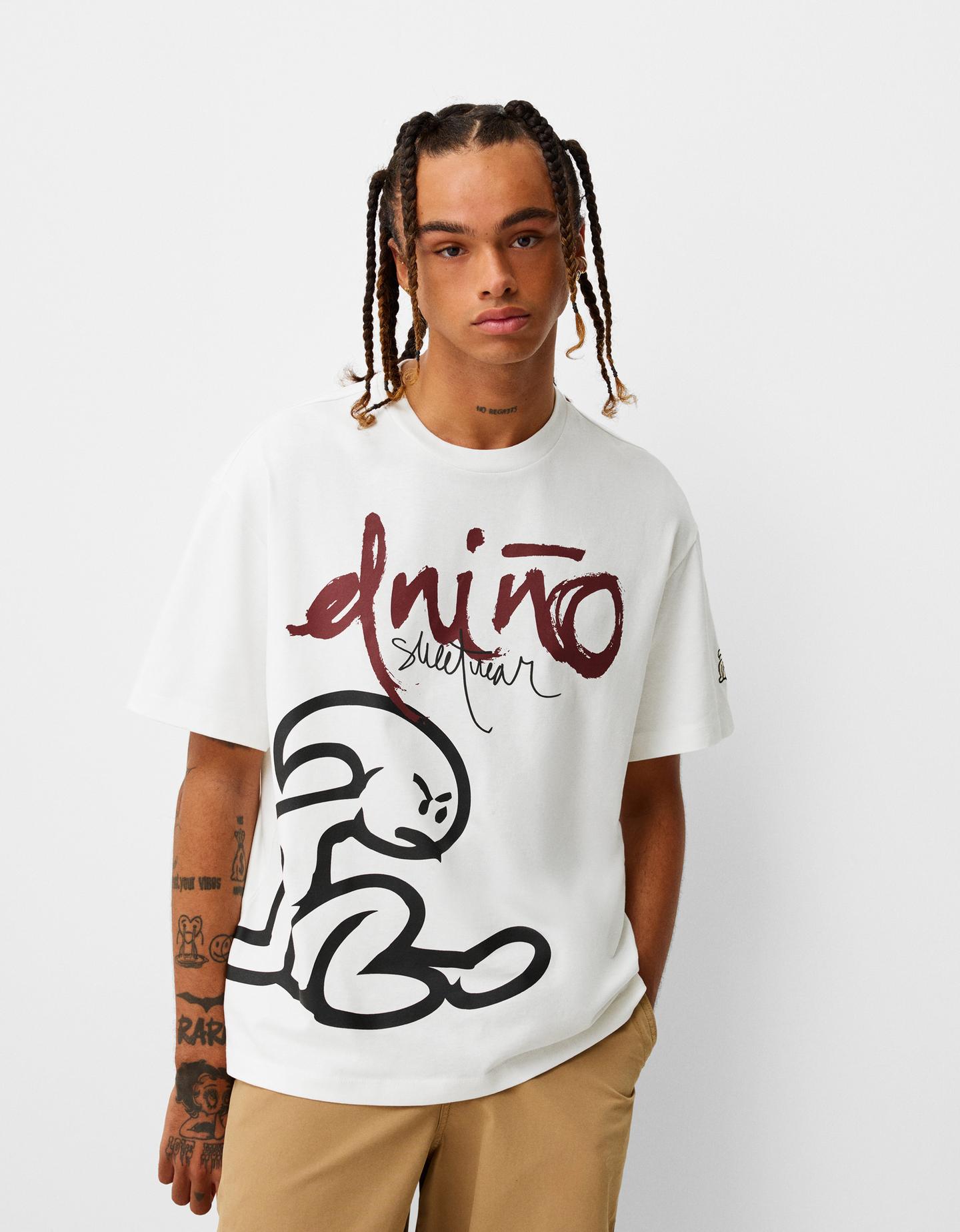 Bershka Maglietta Bershka X El Niño Boxy Fit Uomo Xl Bianco