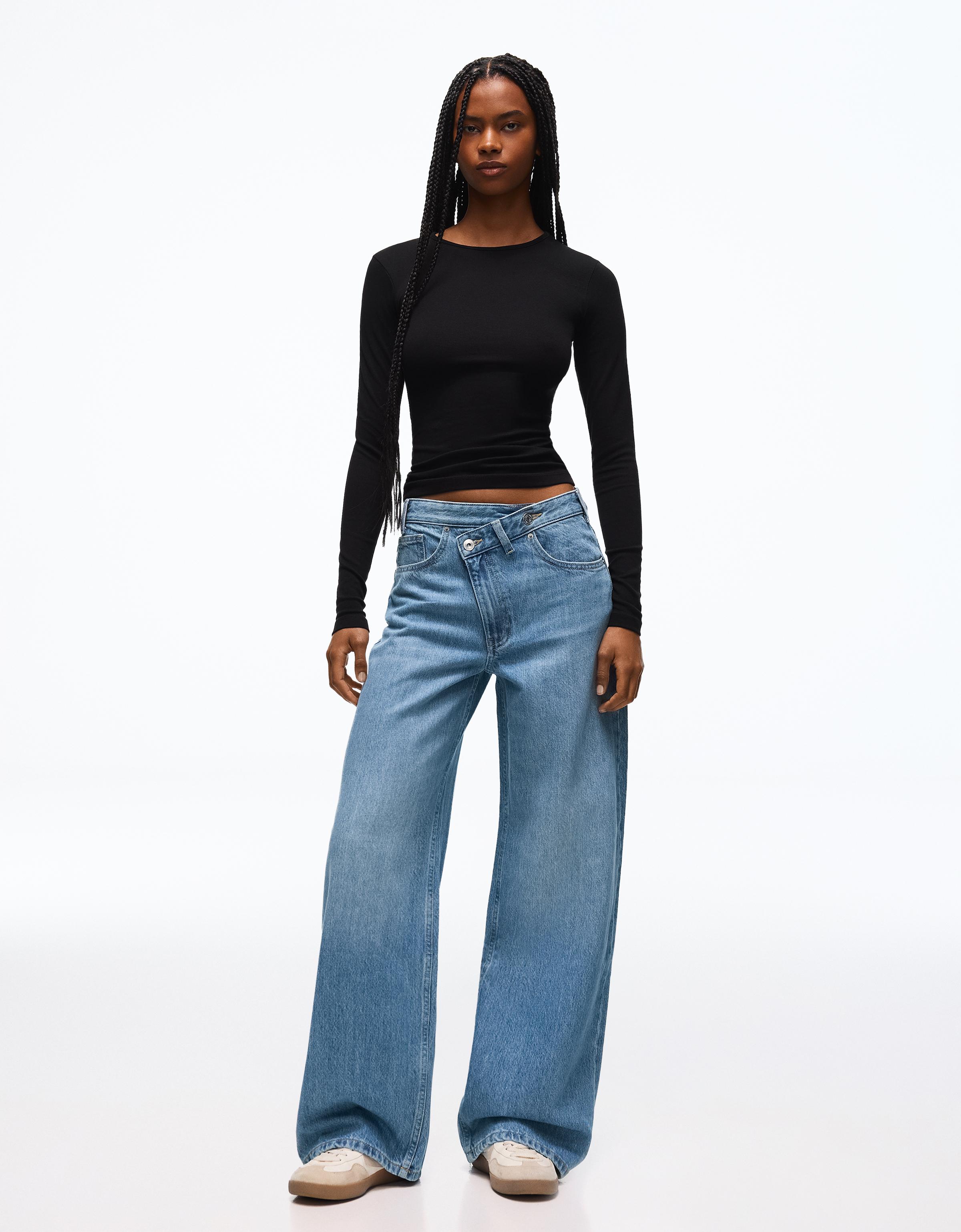 Wide-leg cross-waist jeans — Light blue