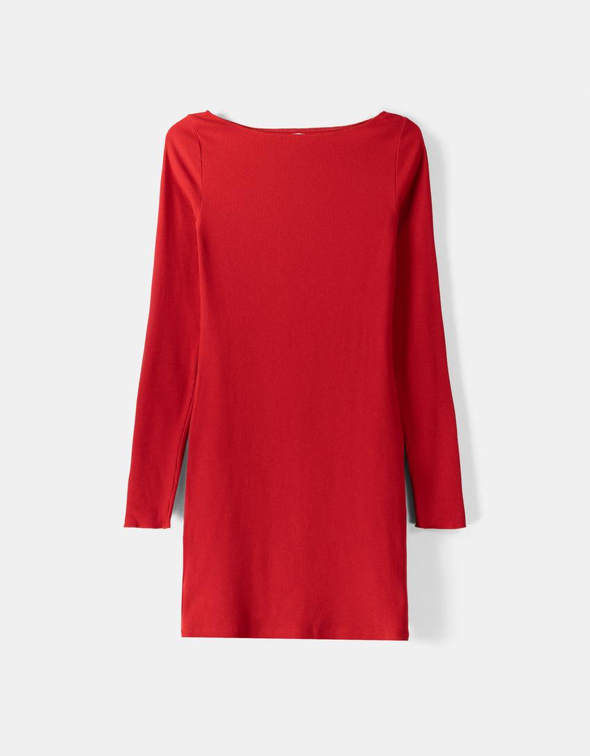 Mini-robe maille manches longues col bateau bord-côte-Rouge-4