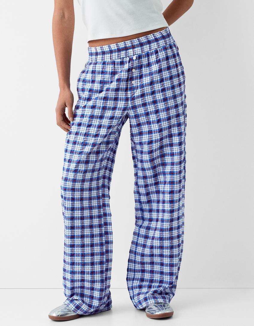 Check wide-leg trousers-Blue-1
