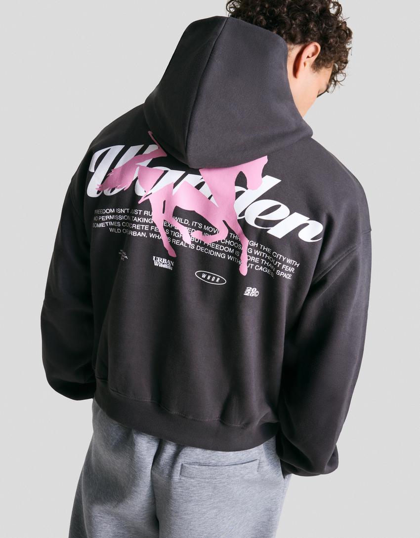 Sweatshirt com capuz e estampado-Cinza