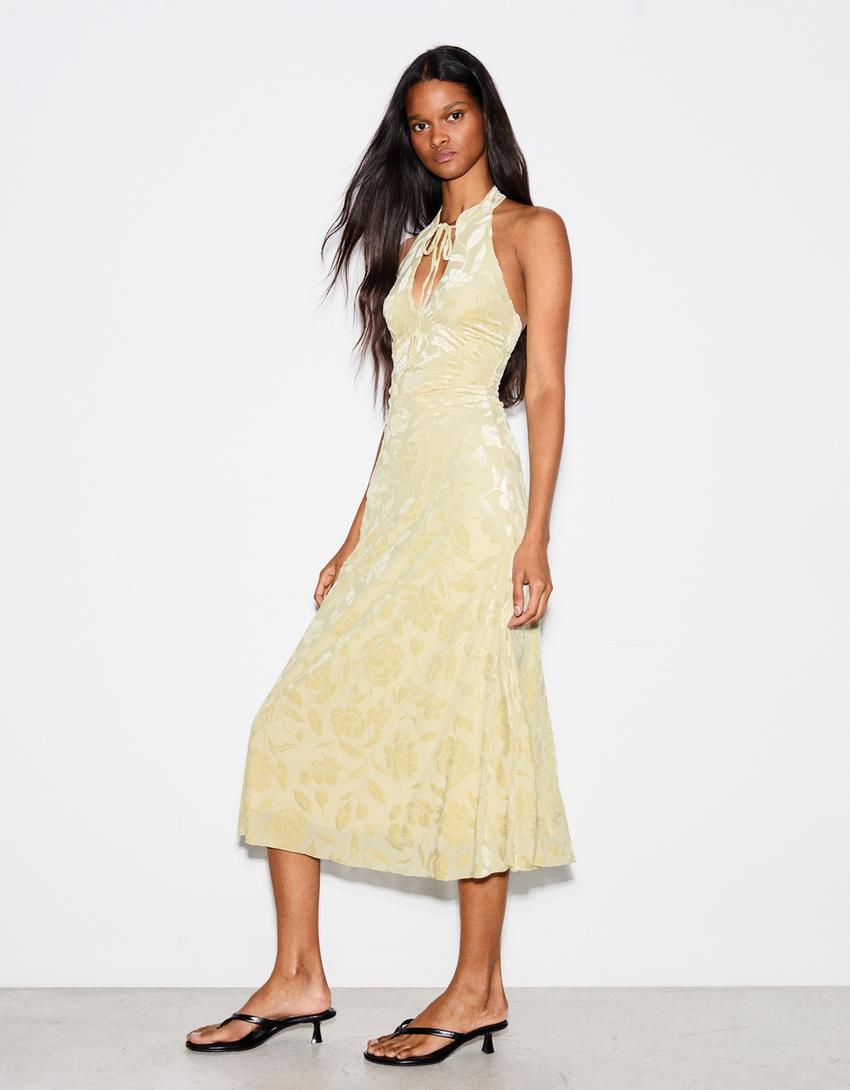 Flocked tulle halter midi dress-Green