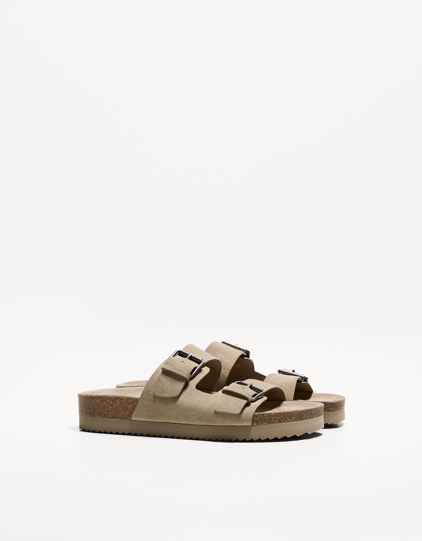 Ravne kožne natikače s kopčom-Smeđe-siva