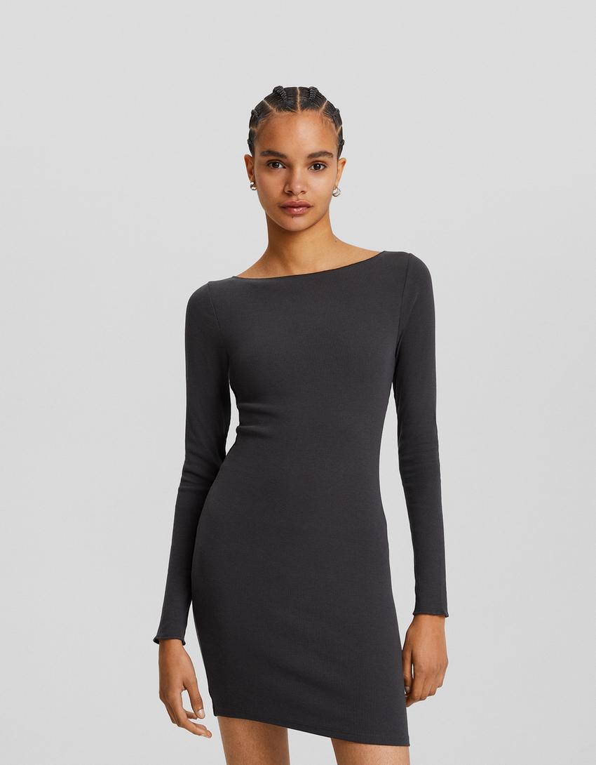 Ribbed knit boat neck long sleeve mini dress-Dark grey-1