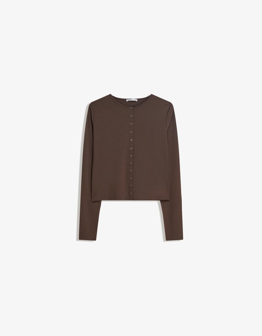 Long sleeve T-shirt with buttons-Brown-3