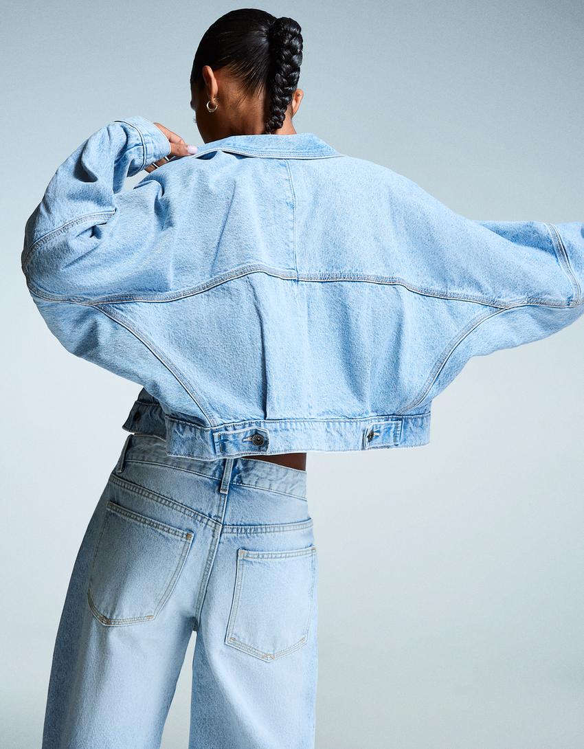 Crop kesim denim ceket-Açık mavi-1