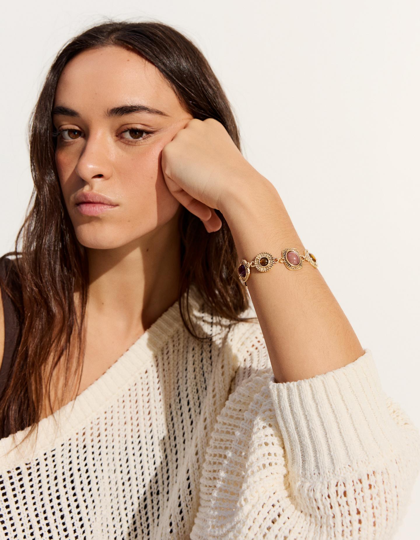 Bershka bransoletka z łańcucha i kamieni złoty